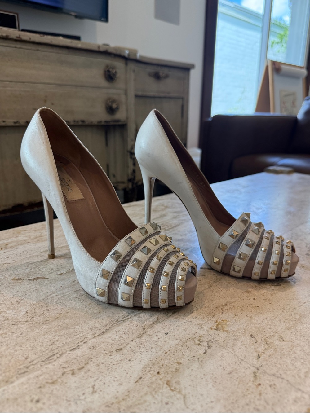 Valentino Garavani White Leather Studded Strappy Peep-Toe Heels
